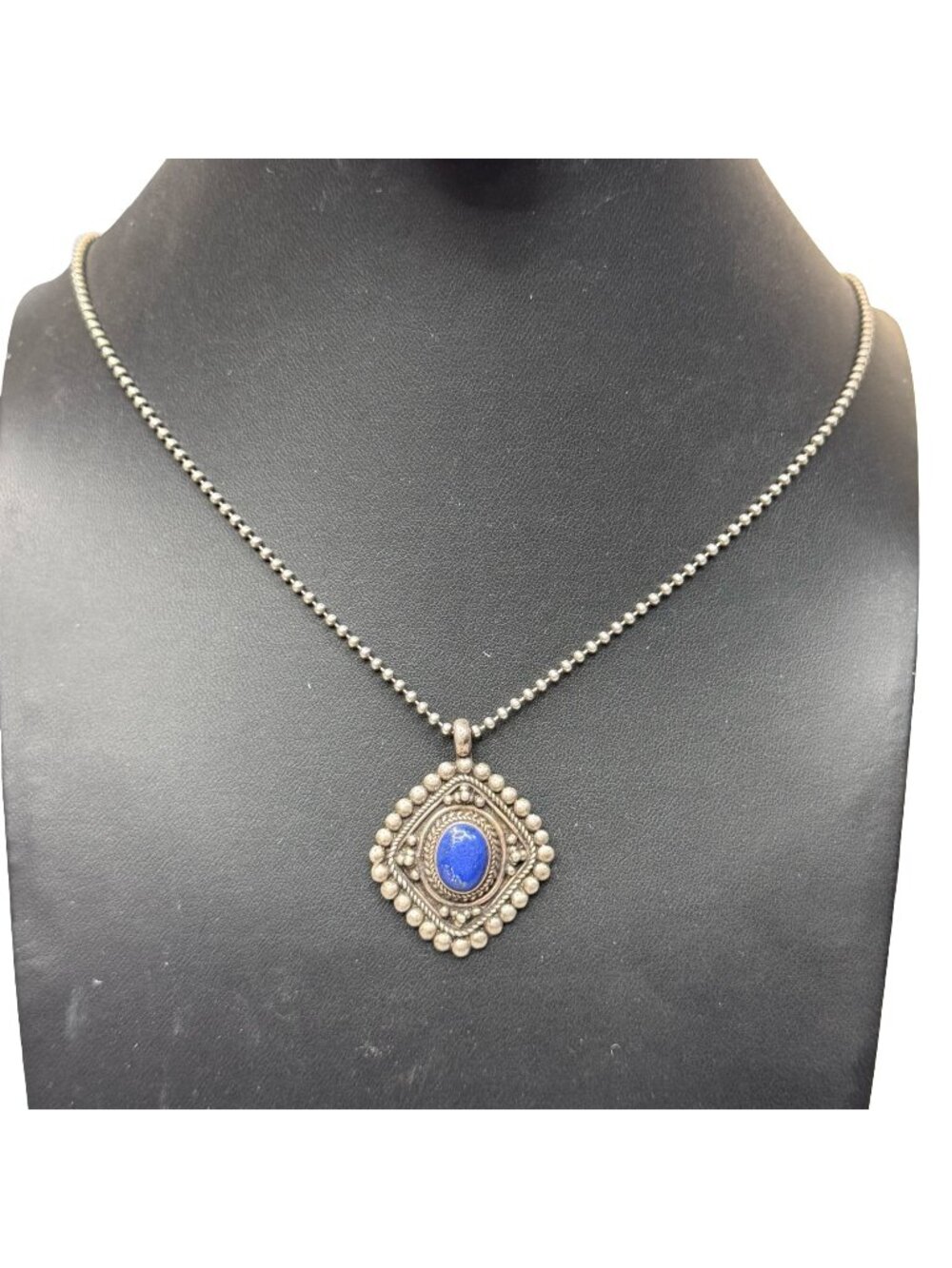 Sterling Silver Beaded Italy Chain Necklace Ornate Blue Lapis Lazuli Pendant 24"